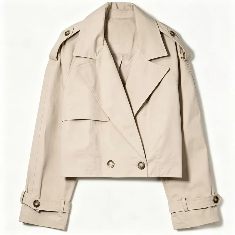 Damen Kurzschnitt Trenchcoat mit doppelreihiger Knopfleiste und Epauletten Nord Taschen