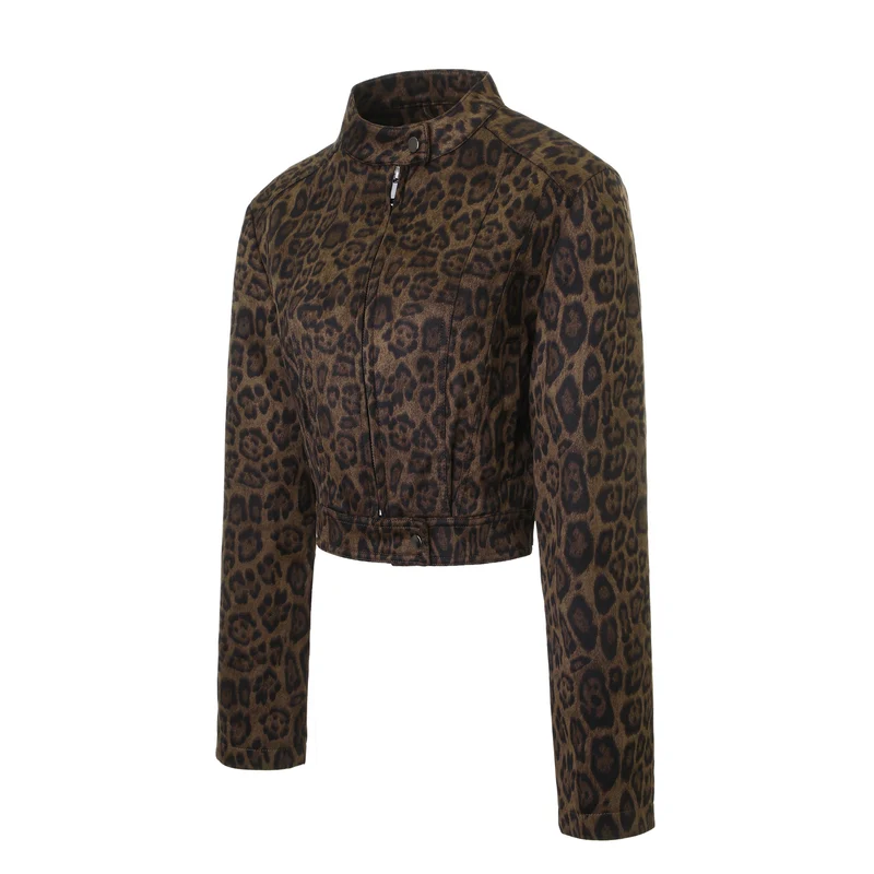 Damen Kurzjacke mit Leopardenmuster und Stehkragen Nord Taschen