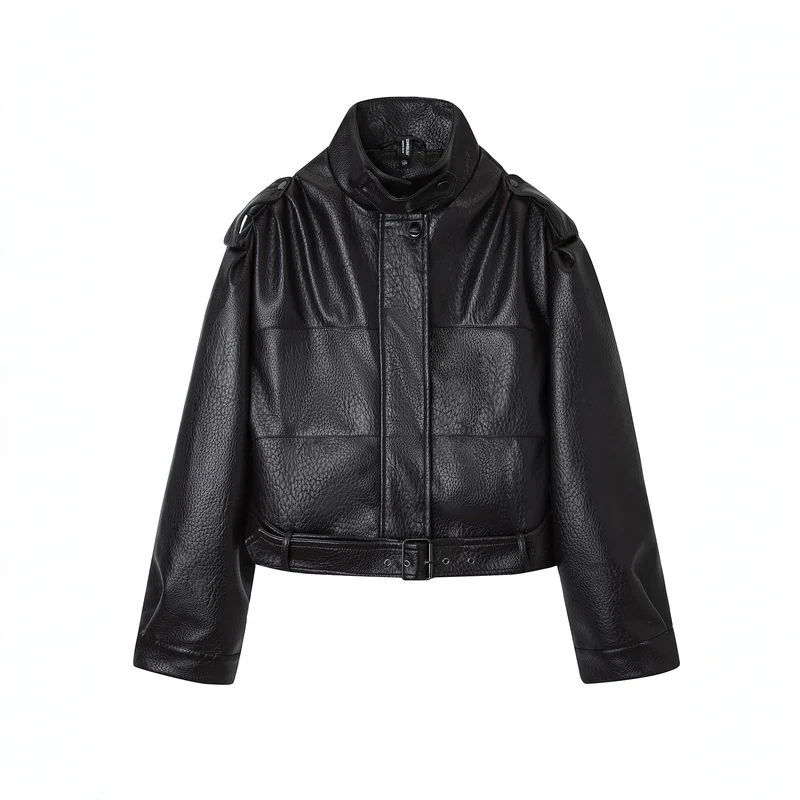 Damen Kurzjacke im Utility-Look aus strukturierter Kunstlederoptik mit hohem Stehkragen und verstellbarem Taillengürtel Nord Taschen