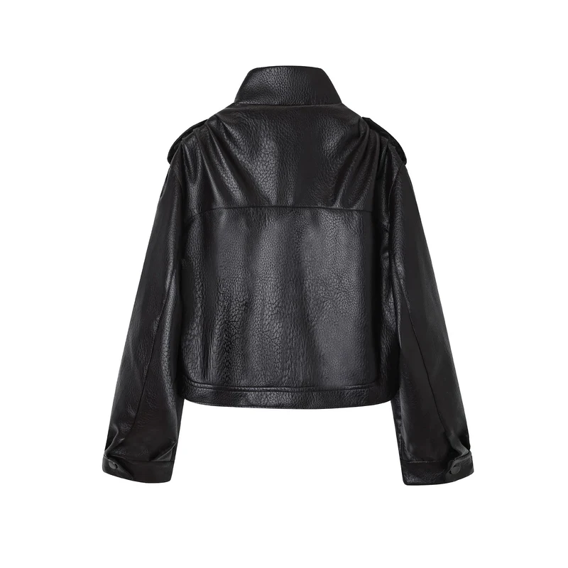 Damen Kurzjacke im Utility-Look aus strukturierter Kunstlederoptik mit hohem Stehkragen und verstellbarem Taillengürtel Nord Taschen