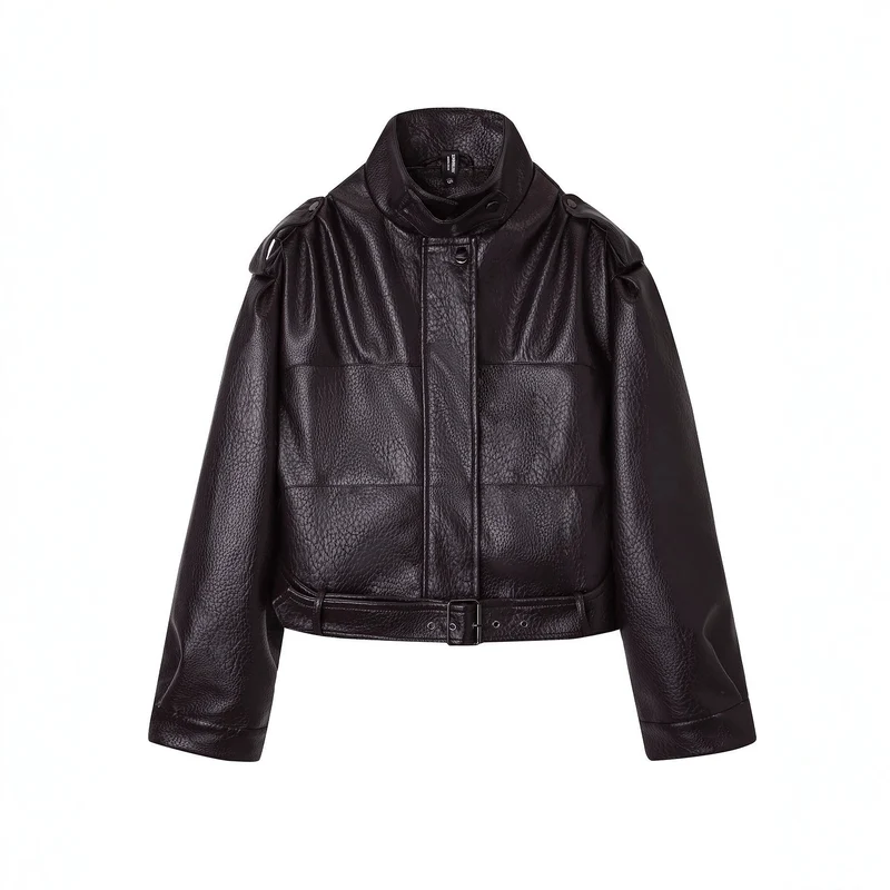 Damen Kurzjacke im Utility-Look aus strukturierter Kunstlederoptik mit hohem Stehkragen und verstellbarem Taillengürtel Nord Taschen