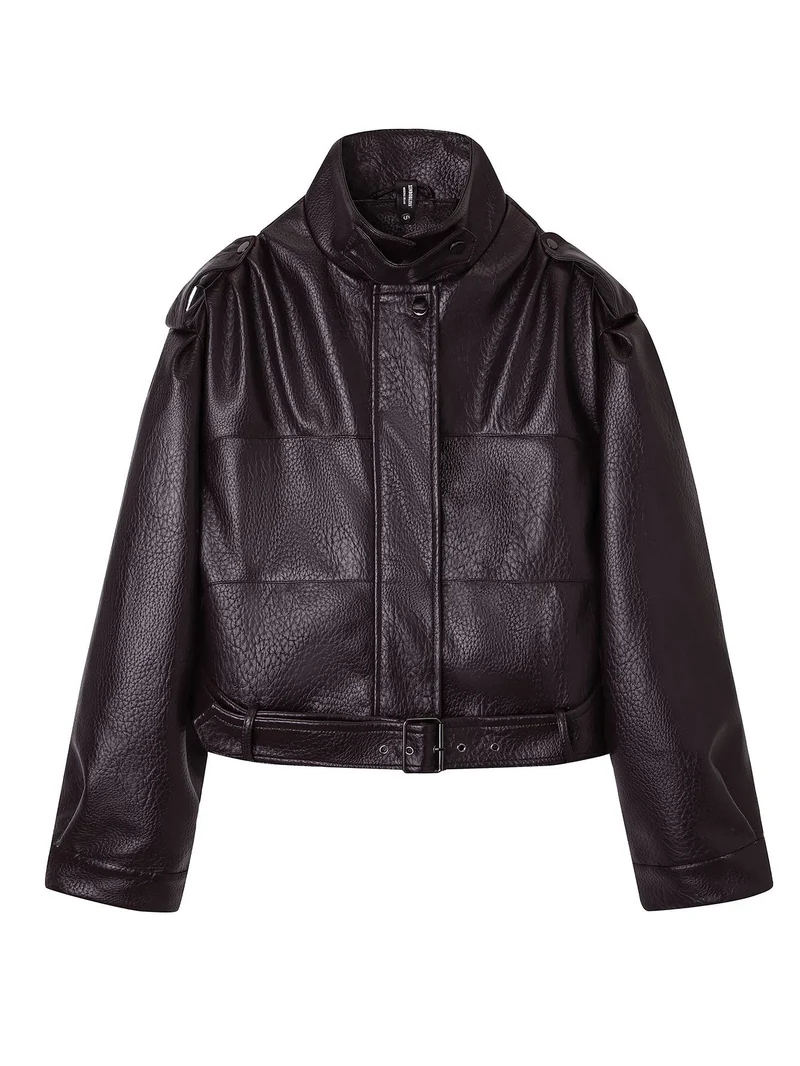 Damen Kurzjacke im Utility-Look aus strukturierter Kunstlederoptik mit hohem Stehkragen und verstellbarem Taillengürtel Nord Taschen