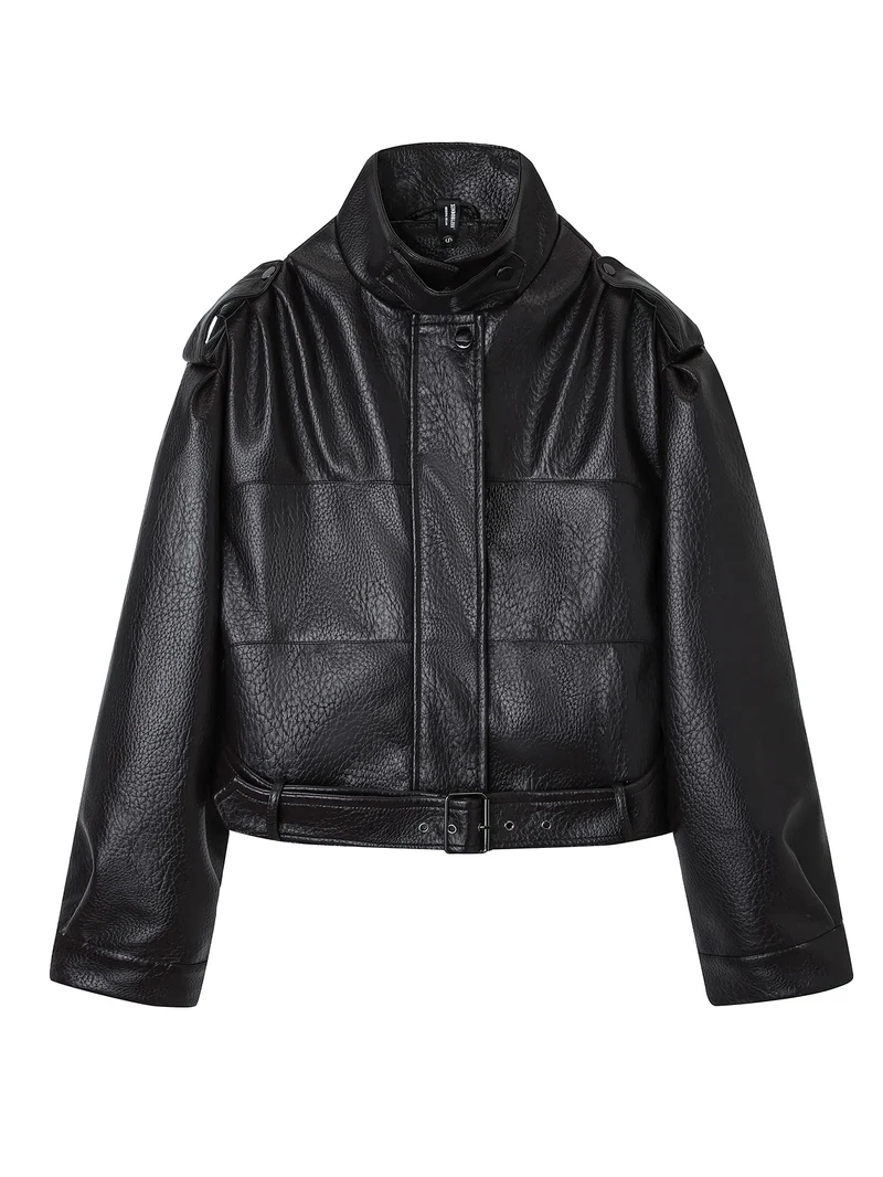 Damen Kurzjacke im Utility-Look aus strukturierter Kunstlederoptik mit hohem Stehkragen und verstellbarem Taillengürtel Nord Taschen