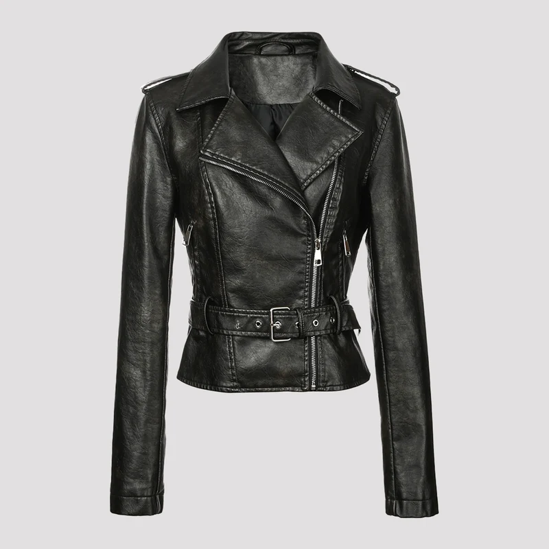 Damen Kurzjacke im Bikerstil aus weichem Kunstleder mit asymmetrischem Reißverschluss und Taillengürtel Nord Taschen