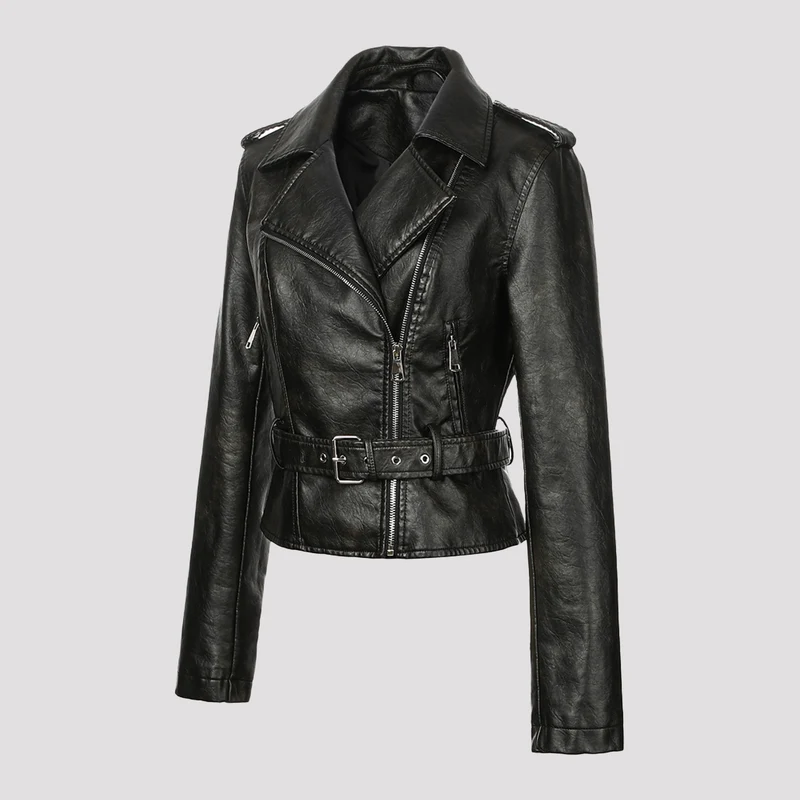 Damen Kurzjacke im Bikerstil aus weichem Kunstleder mit asymmetrischem Reißverschluss und Taillengürtel Nord Taschen