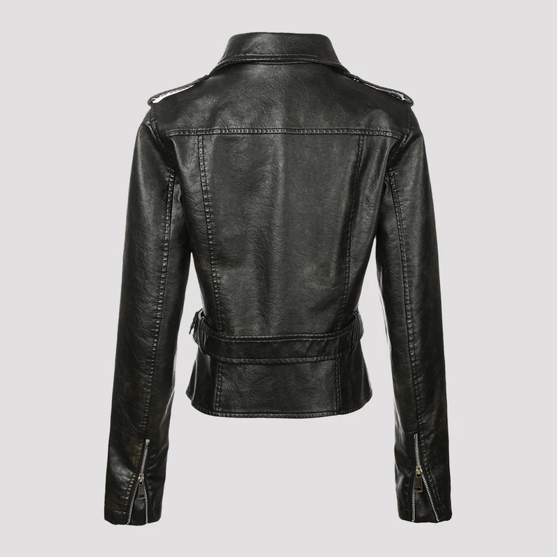 Damen Kurzjacke im Bikerstil aus weichem Kunstleder mit asymmetrischem Reißverschluss und Taillengürtel Nord Taschen
