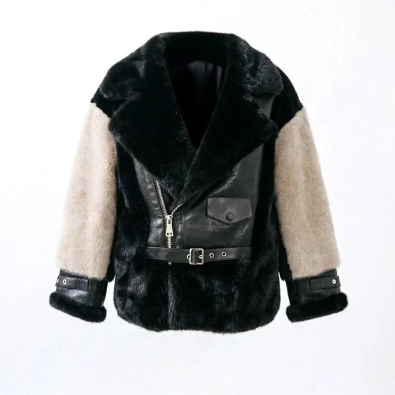 Damen Kurzjacke im Aviator‑Stil aus Lammfellimitat mit Kontrastärmeln Nord Taschen