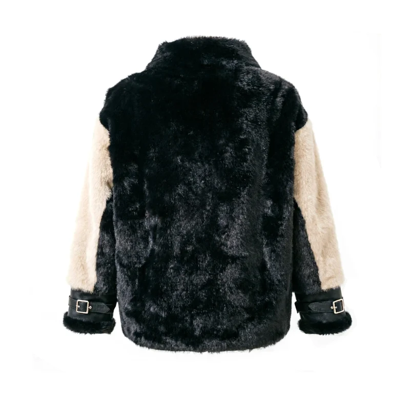 Damen Kurzjacke im Aviator‑Stil aus Lammfellimitat mit Kontrastärmeln Nord Taschen