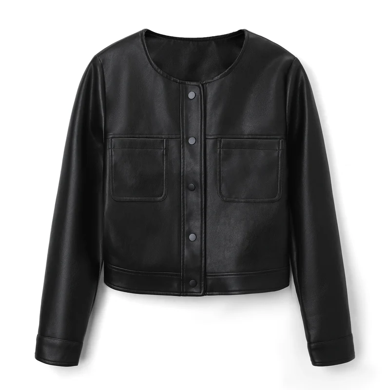 Damen Kurzjacke aus Kunstleder mit Rundhals, Druckknopfverschluss und Pattentaschen Nord Taschen
