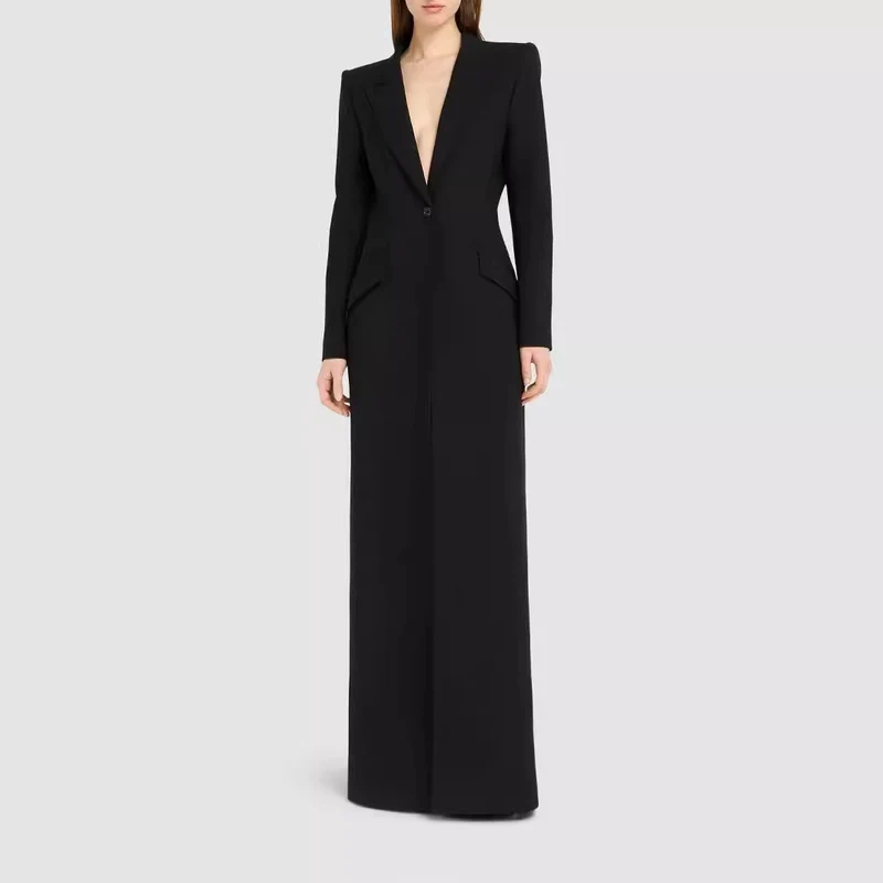 Damen Langes tailliertes Blazerkleid mit tiefem V‑Ausschnitt und strukturierten Schulterpolstern Nord Taschen