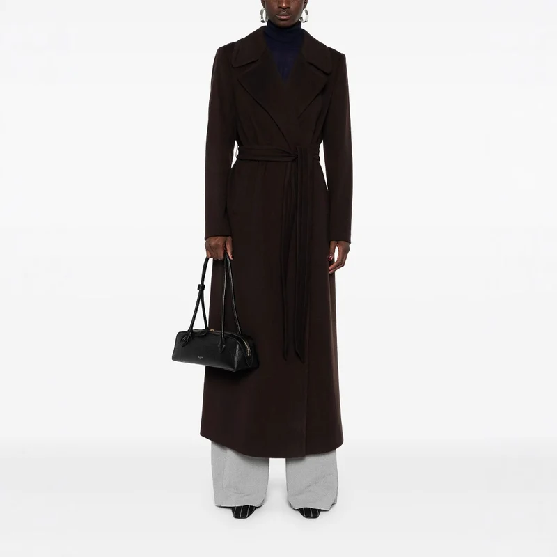 Damen Langer Wickelcoat aus Wollmix mit Bindegürtel und breitem Revers Nord Taschen