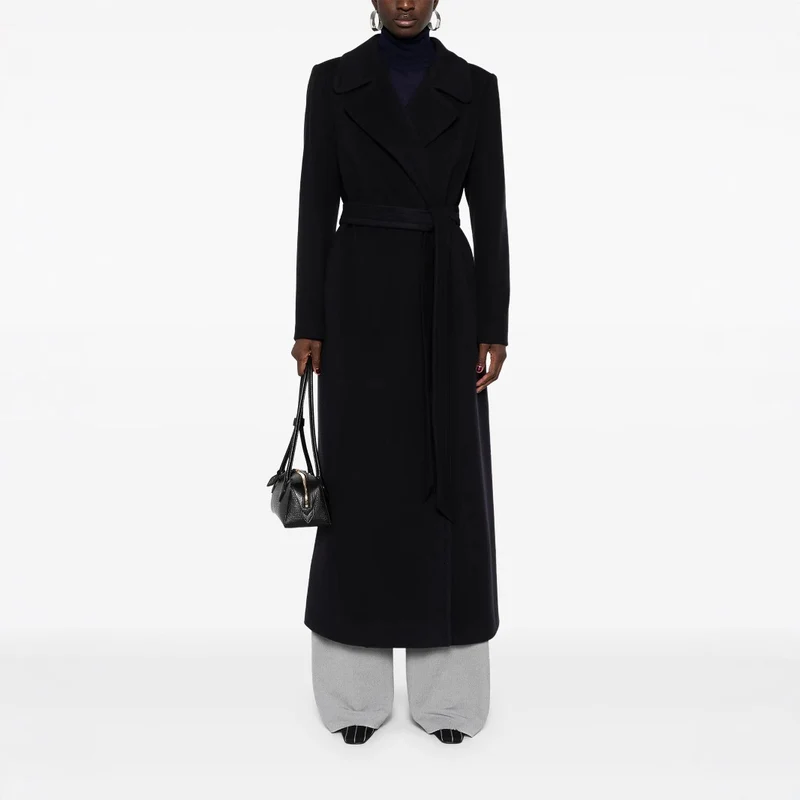Damen Langer Wickelcoat aus Wollmix mit Bindegürtel und breitem Revers Nord Taschen