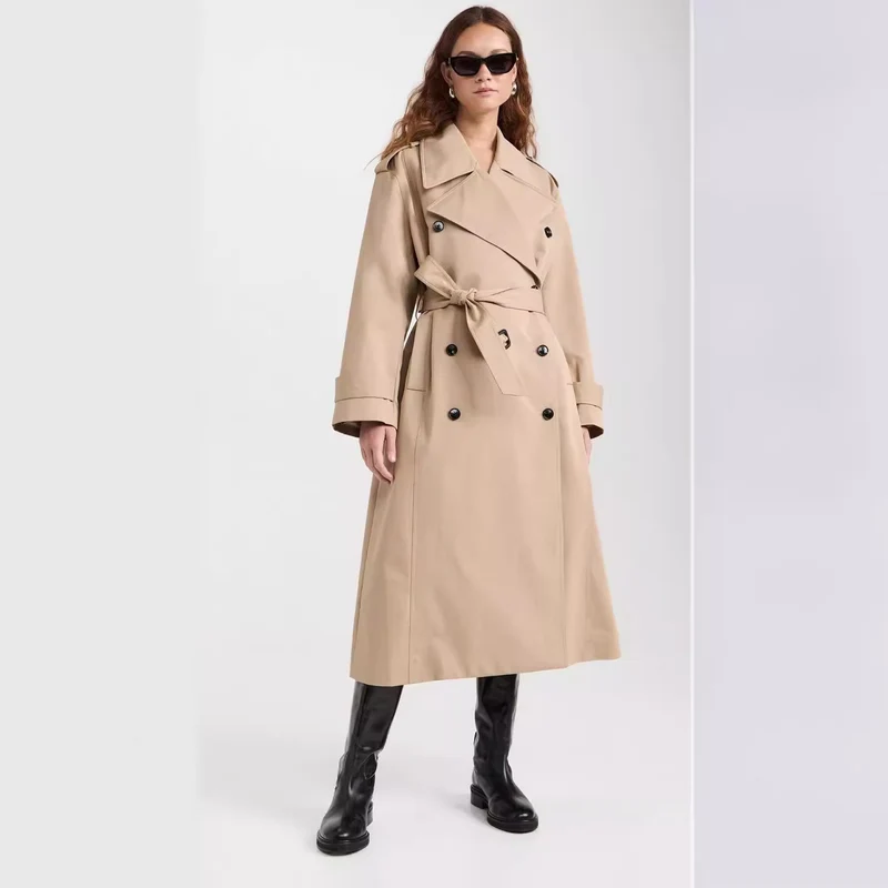 Damen Langer Trenchcoat aus Baumwollmix mit doppelreihiger Knopfleiste, Taillengürtel und Schulterklappen Nord Taschen
