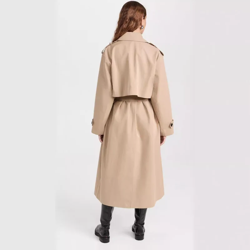 Damen Langer Trenchcoat aus Baumwollmix mit doppelreihiger Knopfleiste, Taillengürtel und Schulterklappen Nord Taschen