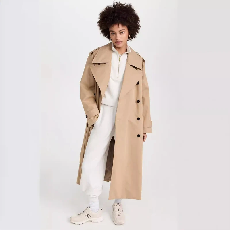 Damen Langer Trenchcoat aus Baumwollmix mit doppelreihiger Knopfleiste, Taillengürtel und Schulterklappen Nord Taschen