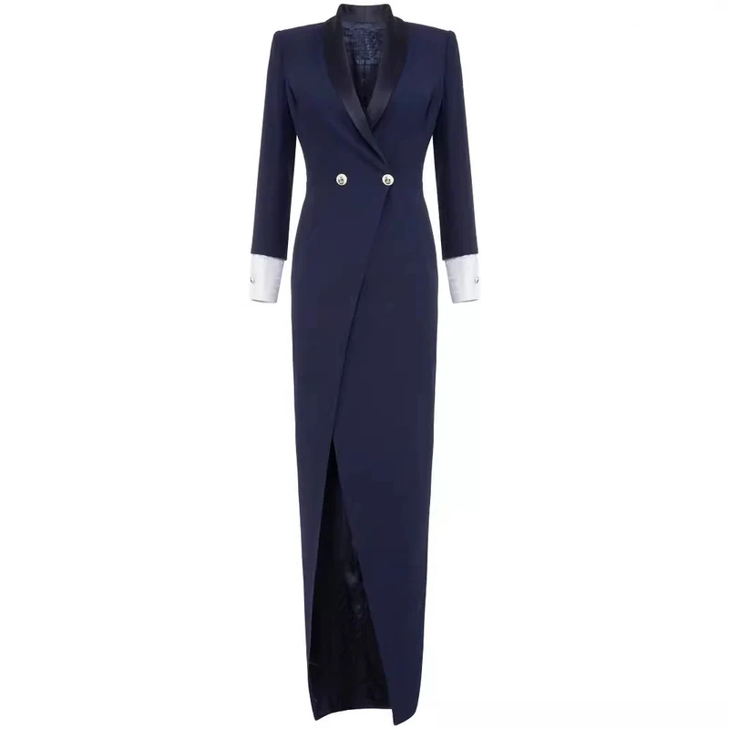 Damen Schlankes Smoking-Blazerkleid in Maxilänge mit Satinrevers und Wickeloptik Nord Taschen