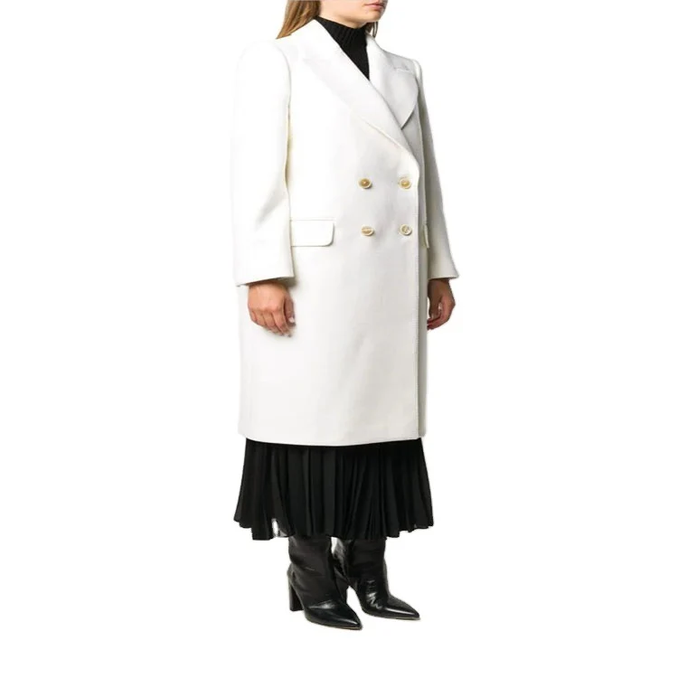 Damen Schlanker Zweireihiger Wollmix‑Longmantel mit Schalkragen, Goldknopf‑Detail und Pattentaschen Nord Taschen