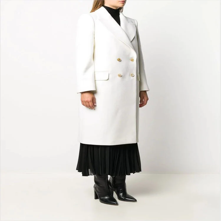 Damen Schlanker Zweireihiger Wollmix‑Longmantel mit Schalkragen, Goldknopf‑Detail und Pattentaschen Nord Taschen