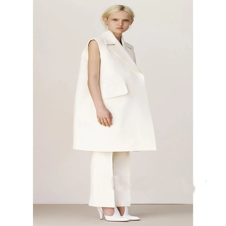 Damen Ärmellose A-Linien Longweste im Oversized Tailoring mit Schalkragen Nord Taschen
