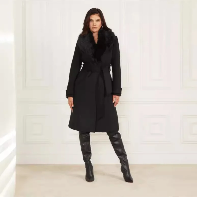 Damen Wollmantel mit abnehmbarem Pelzkragen und Taillengürtel Nord Taschen