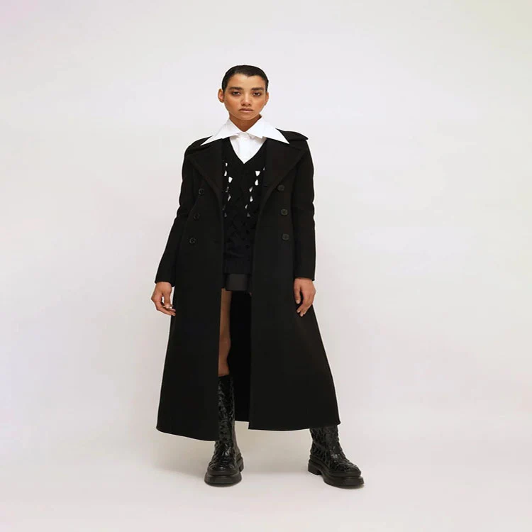 Damen Eleganter bodenlanger Wollmix‑Longcoat im Clean‑Cut Doppelreiher mit strukturierter Schulterpartie Nord Taschen