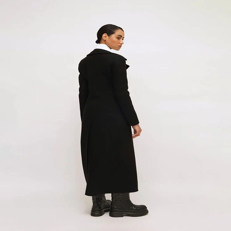Damen Eleganter bodenlanger Wollmix‑Longcoat im Clean‑Cut Doppelreiher mit strukturierter Schulterpartie Nord Taschen