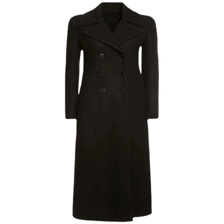 Damen Eleganter bodenlanger Wollmix‑Longcoat im Clean‑Cut Doppelreiher mit strukturierter Schulterpartie Nord Taschen