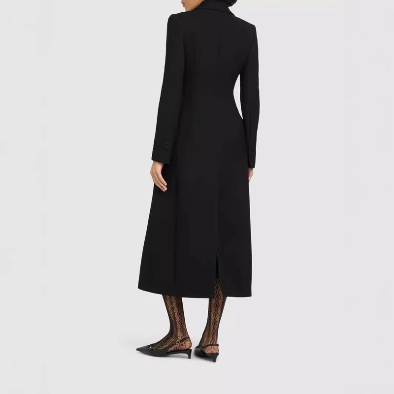Damen Doppelreihiges tailliertes Blazerkleid mit Maxi‑Länge und Pattentaschen Nord Taschen