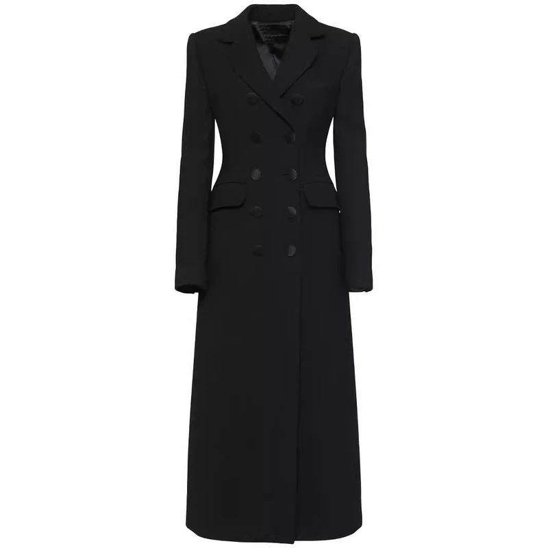 Damen Doppelreihiges tailliertes Blazerkleid mit Maxi‑Länge und Pattentaschen Nord Taschen