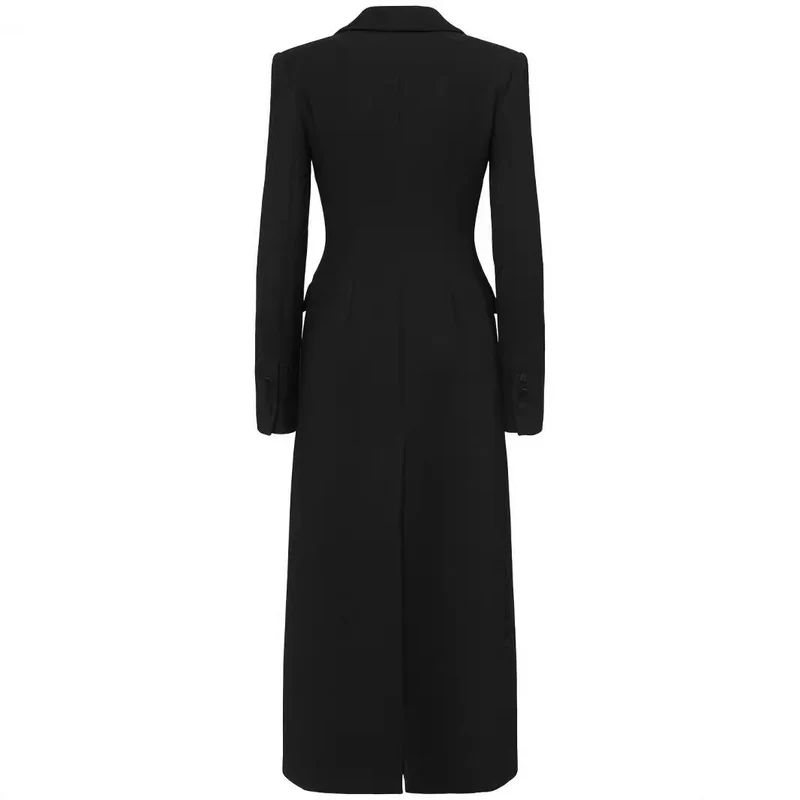 Damen Doppelreihiges tailliertes Blazerkleid mit Maxi‑Länge und Pattentaschen Nord Taschen