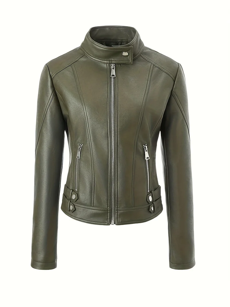 Damen Kurze taillierte Motorjacke aus Kunstleder mit Stehkragen und Schnallgurten Nord Taschen