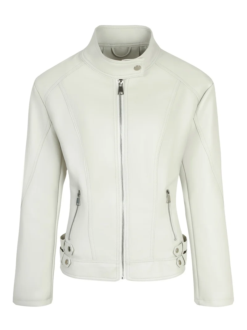Damen Kurze taillierte Motorjacke aus Kunstleder mit Stehkragen und Schnallgurten Nord Taschen