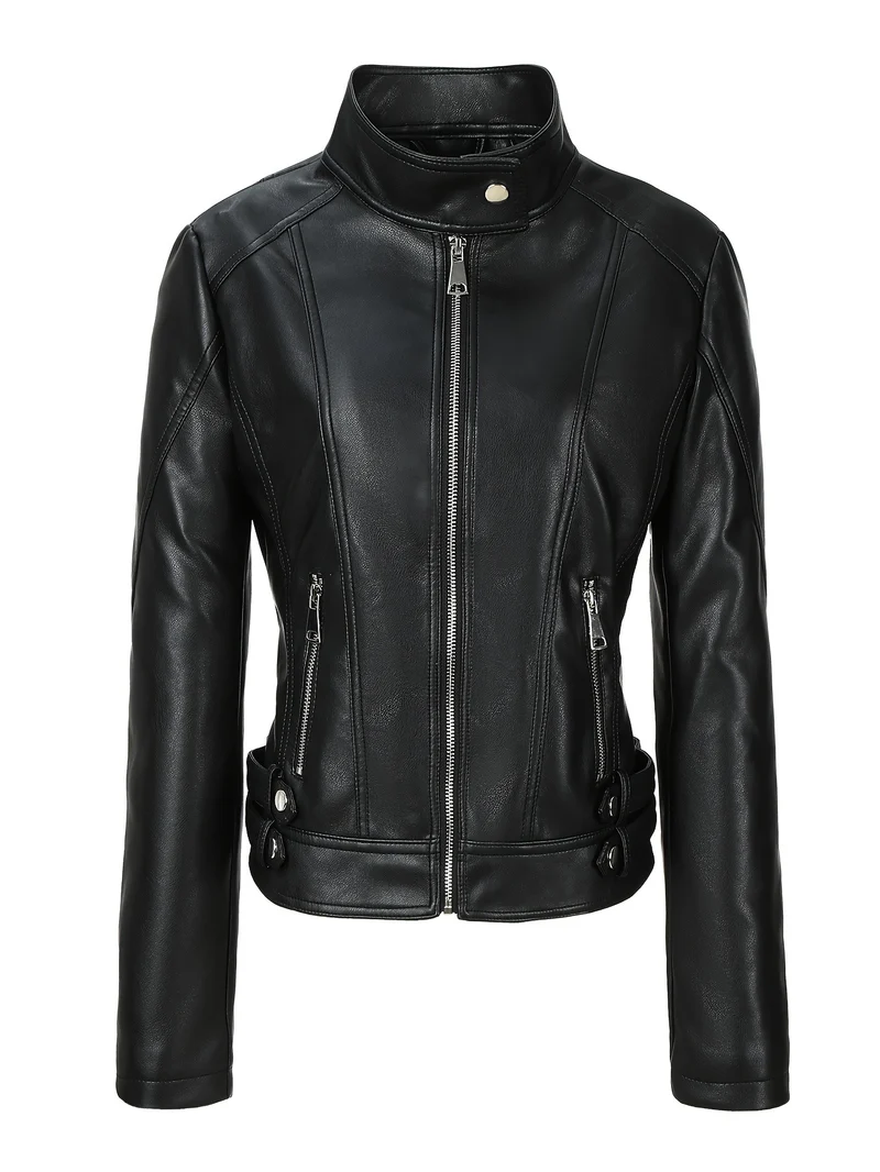Damen Kurze taillierte Motorjacke aus Kunstleder mit Stehkragen und Schnallgurten Nord Taschen