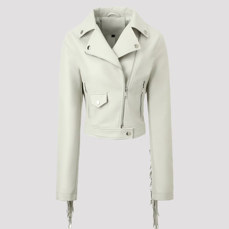 Damen kurze Motorradjacke aus Lederoptik mit Fransenärmeln und asymmetrischem Reißverschluss Nord Taschen