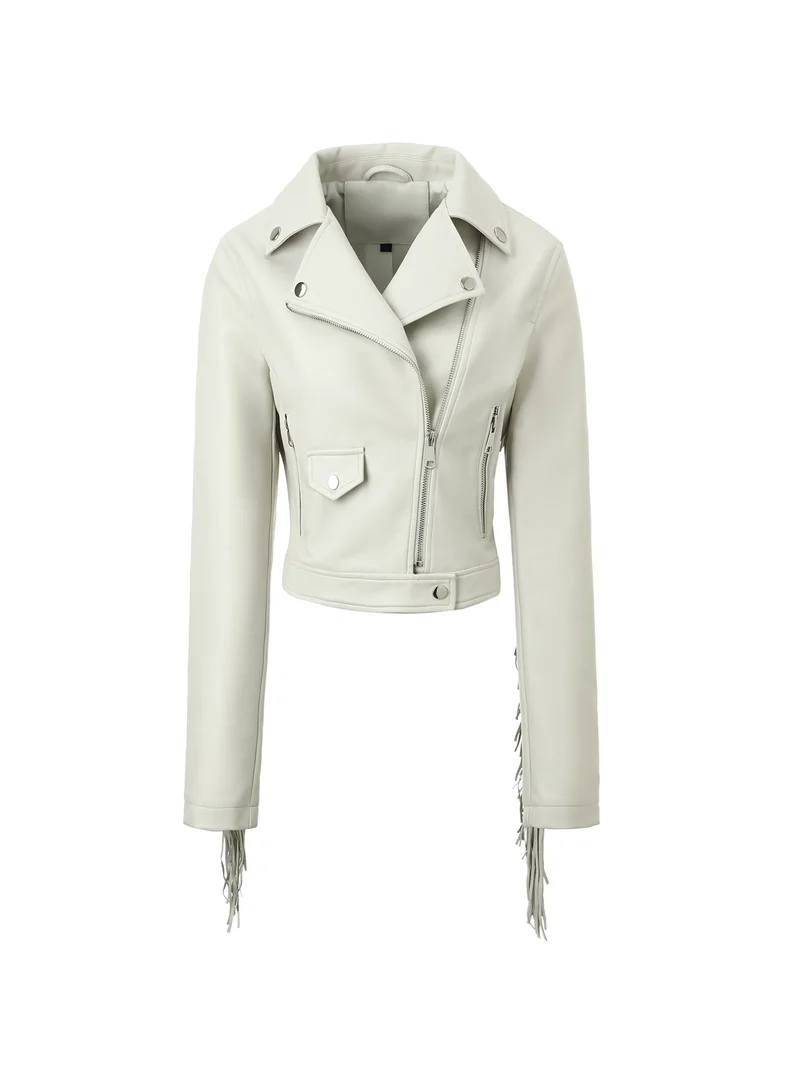 Damen kurze Motorradjacke aus Lederoptik mit Fransenärmeln und asymmetrischem Reißverschluss Nord Taschen