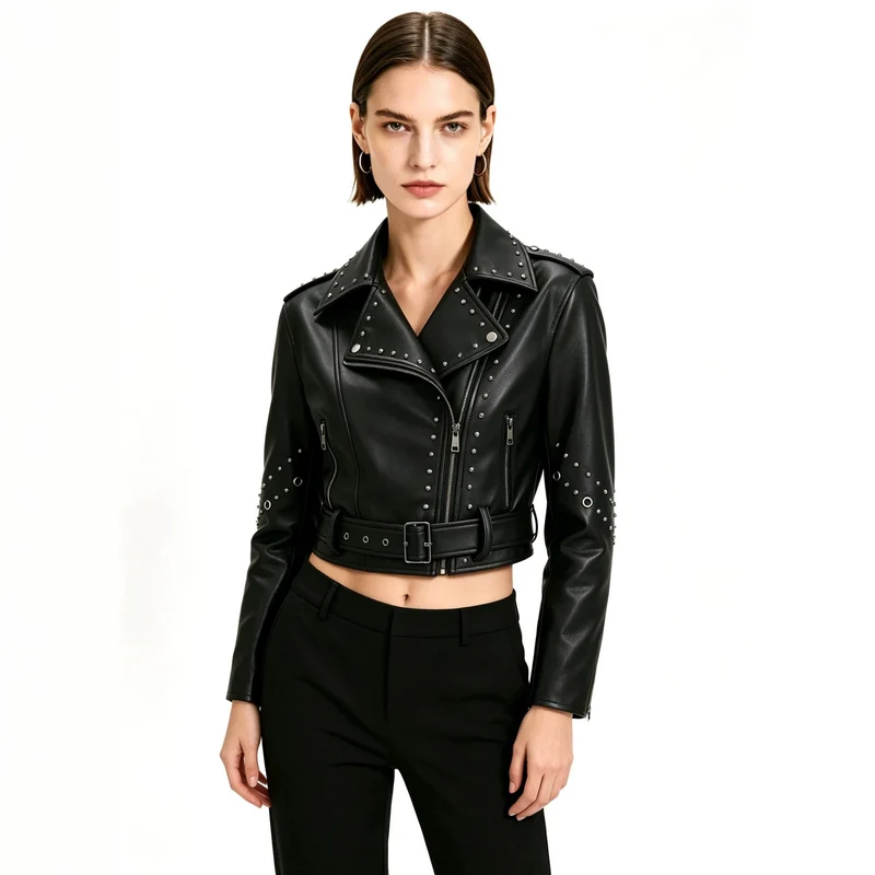Damen Kurze Kunstleder-Bikerjacke mit Nietenbesatz und breitem Taillengürtel Nord Taschen