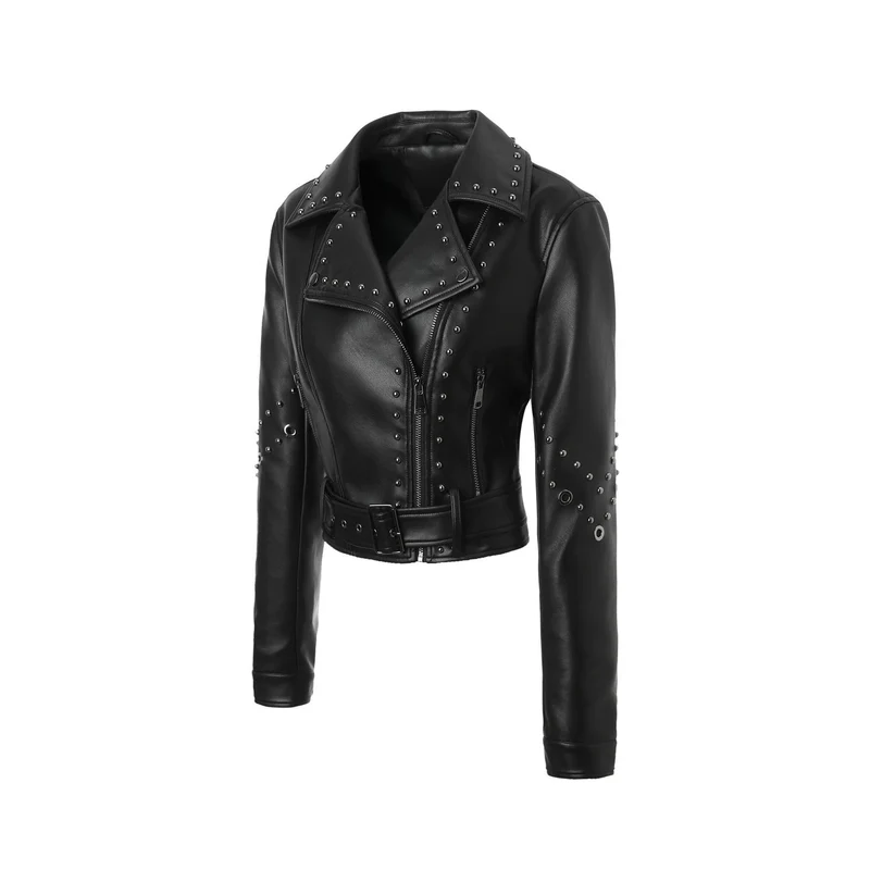 Damen Kurze Kunstleder-Bikerjacke mit Nietenbesatz und breitem Taillengürtel Nord Taschen
