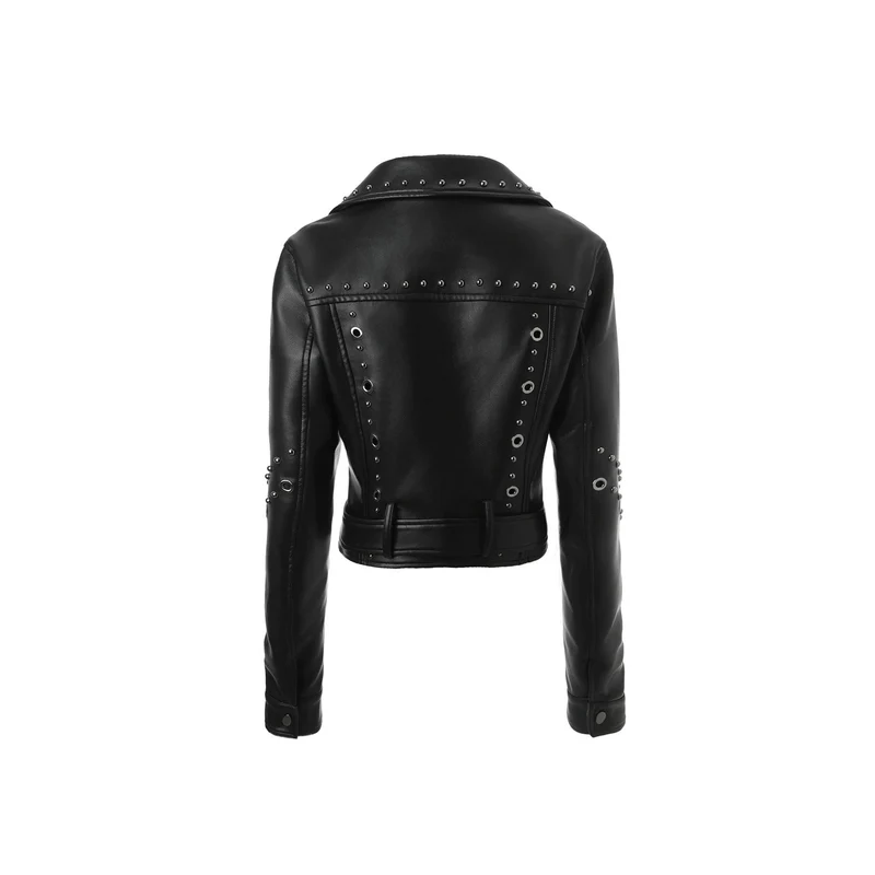 Damen Kurze Kunstleder-Bikerjacke mit Nietenbesatz und breitem Taillengürtel Nord Taschen