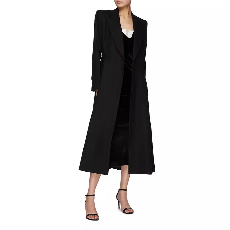 Damen langer taillierter Blazer‑Mantel mit Maxi‑Länge und strukturierten Schultern Nord Taschen