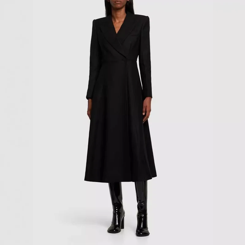 Damen langer taillierter Blazer‑Mantel mit Maxi‑Länge und strukturierten Schultern Nord Taschen