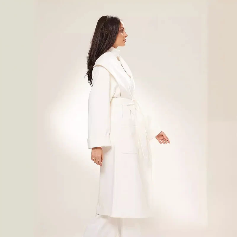 Damen Langer Oversize-Wickelmantel mit großzügigem Schalkragen und Bindegürtel Nord Taschen