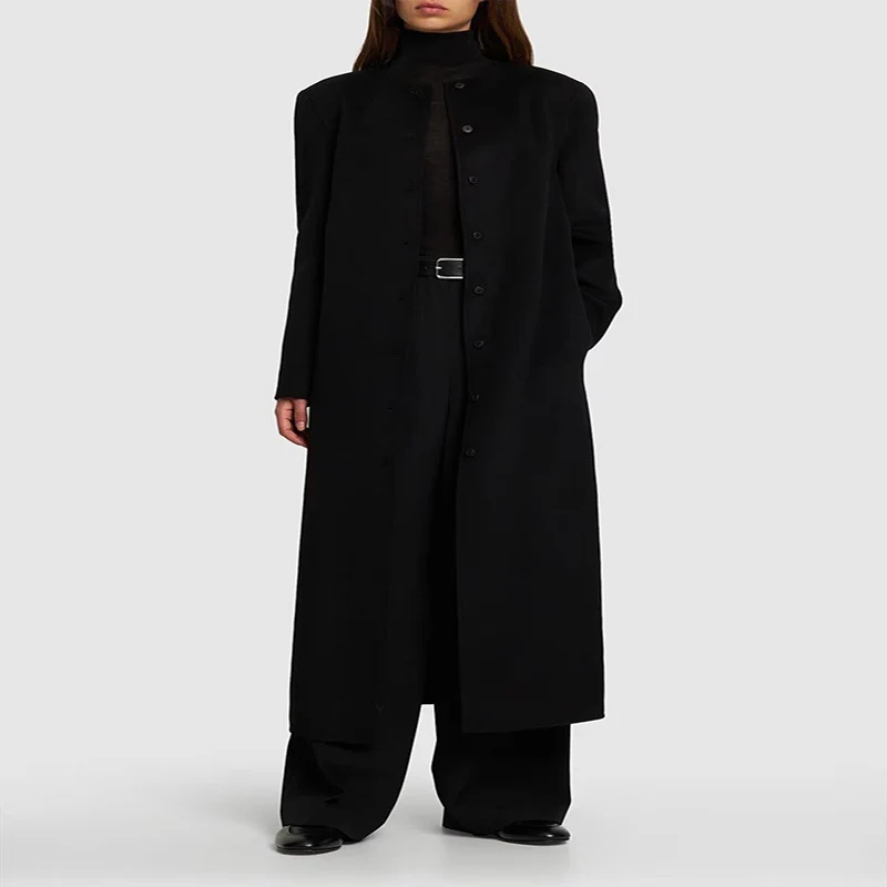 Damen Langer Minimalistischer Stehkragenmantel aus Wollmix mit verdeckter Knopfleiste Nord Taschen
