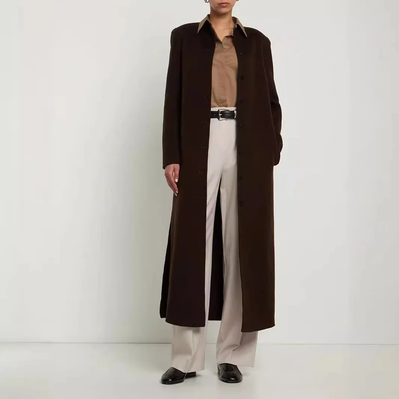Damen Langer Minimalistischer Stehkragenmantel aus Wollmix mit verdeckter Knopfleiste Nord Taschen