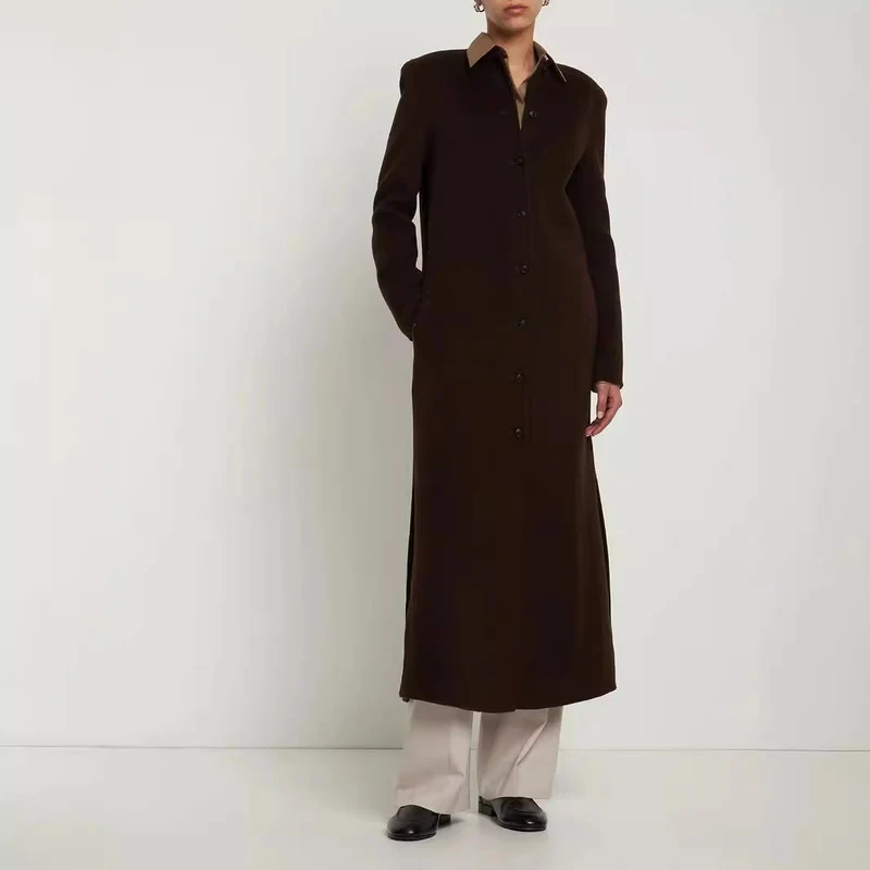 Damen Langer Minimalistischer Stehkragenmantel aus Wollmix mit verdeckter Knopfleiste Nord Taschen