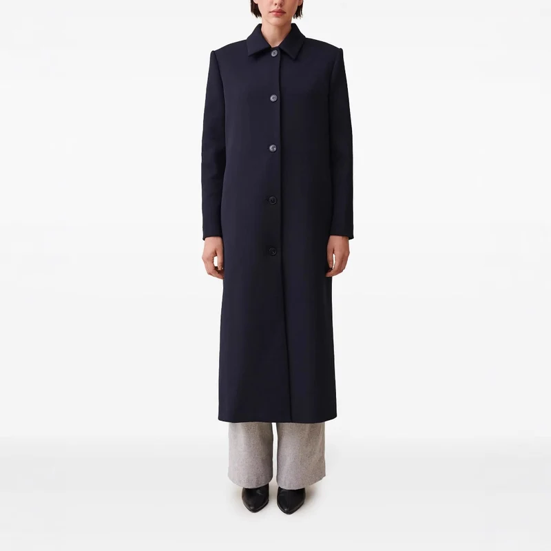 Damen langer minimalistischer Mantel mit geradem Schnitt und Hemdkragen Nord Taschen