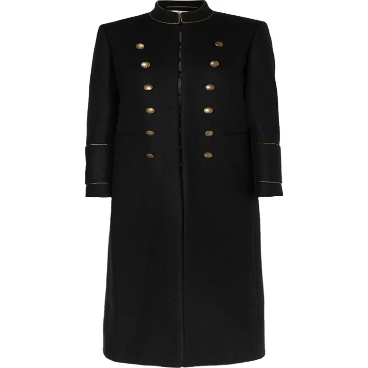 Damen Langer Militärischer Wollmantel mit goldenen Zierknöpfen und Stehkragen Nord Taschen