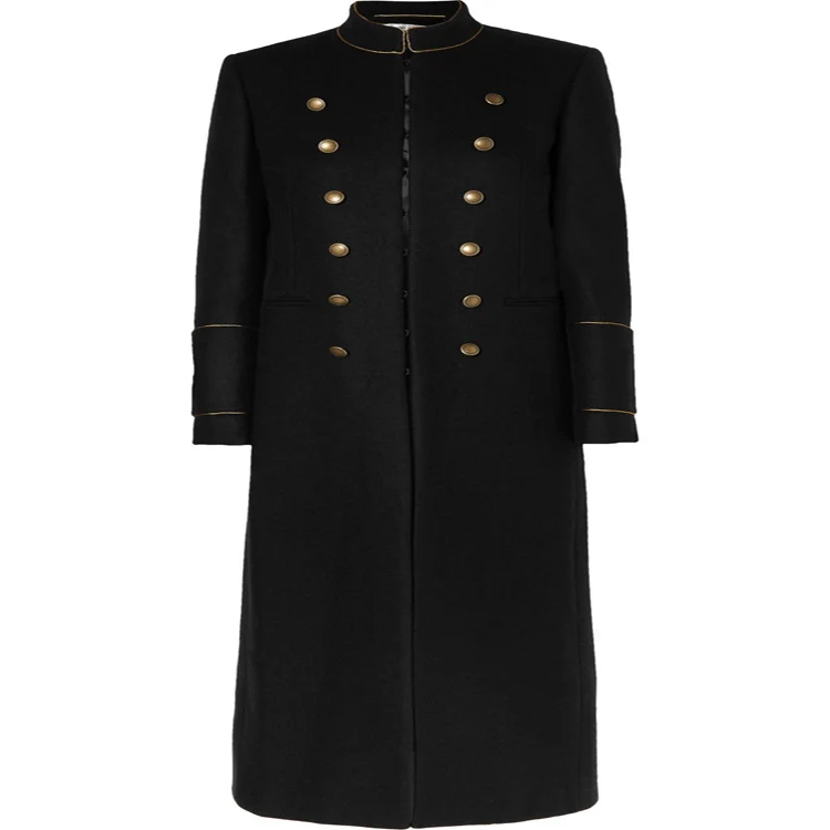 Damen Langer Militärischer Wollmantel mit goldenen Zierknöpfen und Stehkragen Nord Taschen