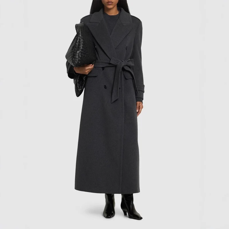 Damen Langer Doppelreihiger Wollmantel mit Taillengürtel Nord Taschen