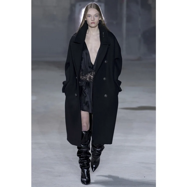 Damen Oversize Zweireihiger Longcoat mit weitem Schalkragen und relaxed Tailoring Nord Taschen
