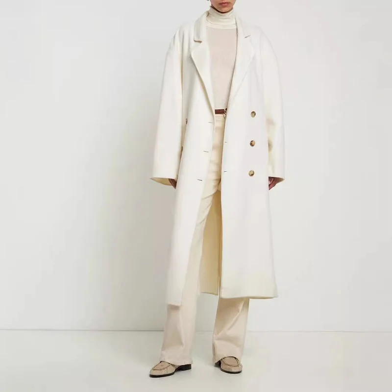 Damen Oversize Zweireihiger Longcoat mit fallender Schultersilhouette und goldenen Zierknöpfen Nord Taschen